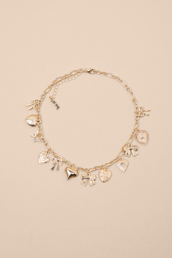 Harita Gold Heart and Bow Charm Necklace