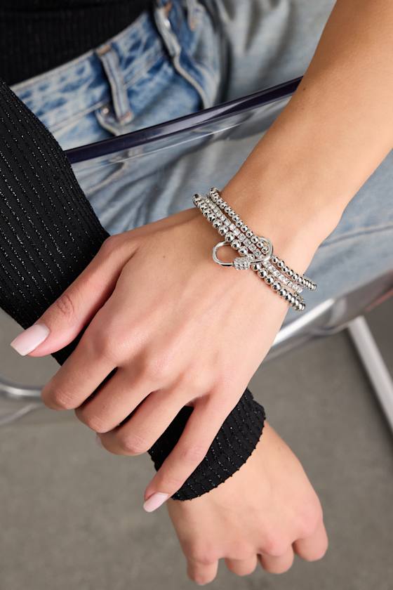 Fontaine Silver Beaded Rhinestone Three-Piece Bracelet Set