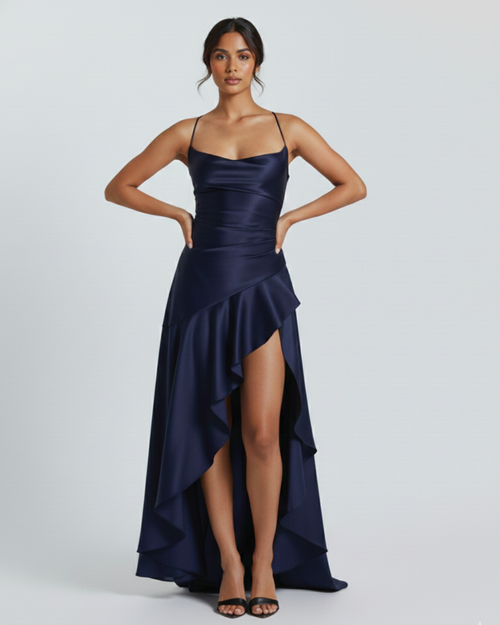 Cascade Muse Draped Slit Evening Dress
