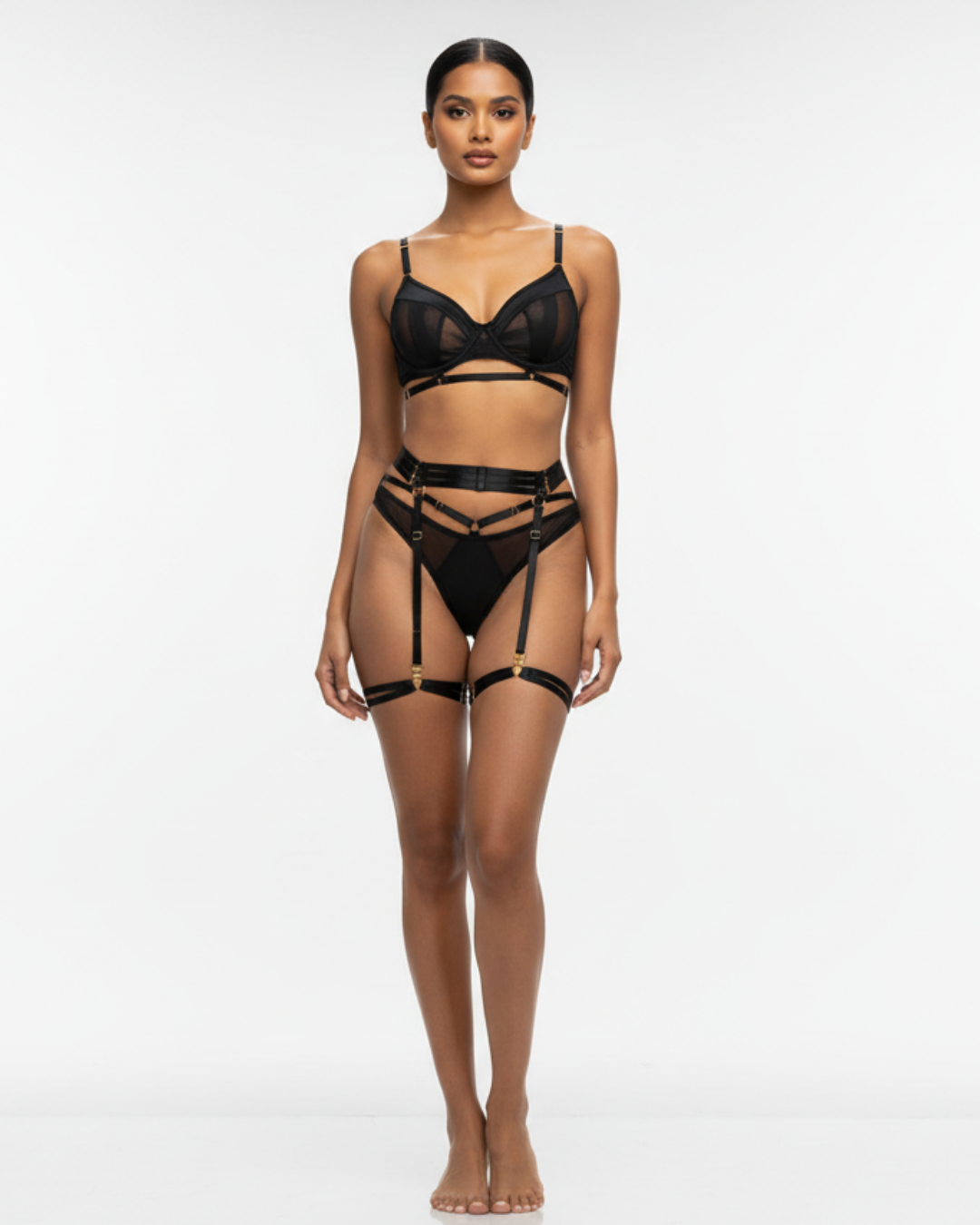 Patchwork Mesh 3-Piece Lingerie Set